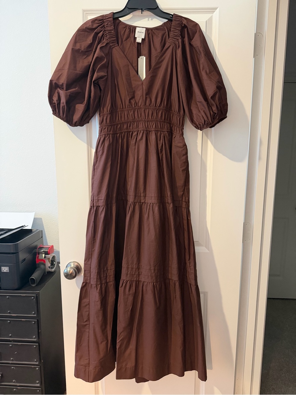 Maeve Smocked Waist Brown Maxi Dress with Puff Sleeves -